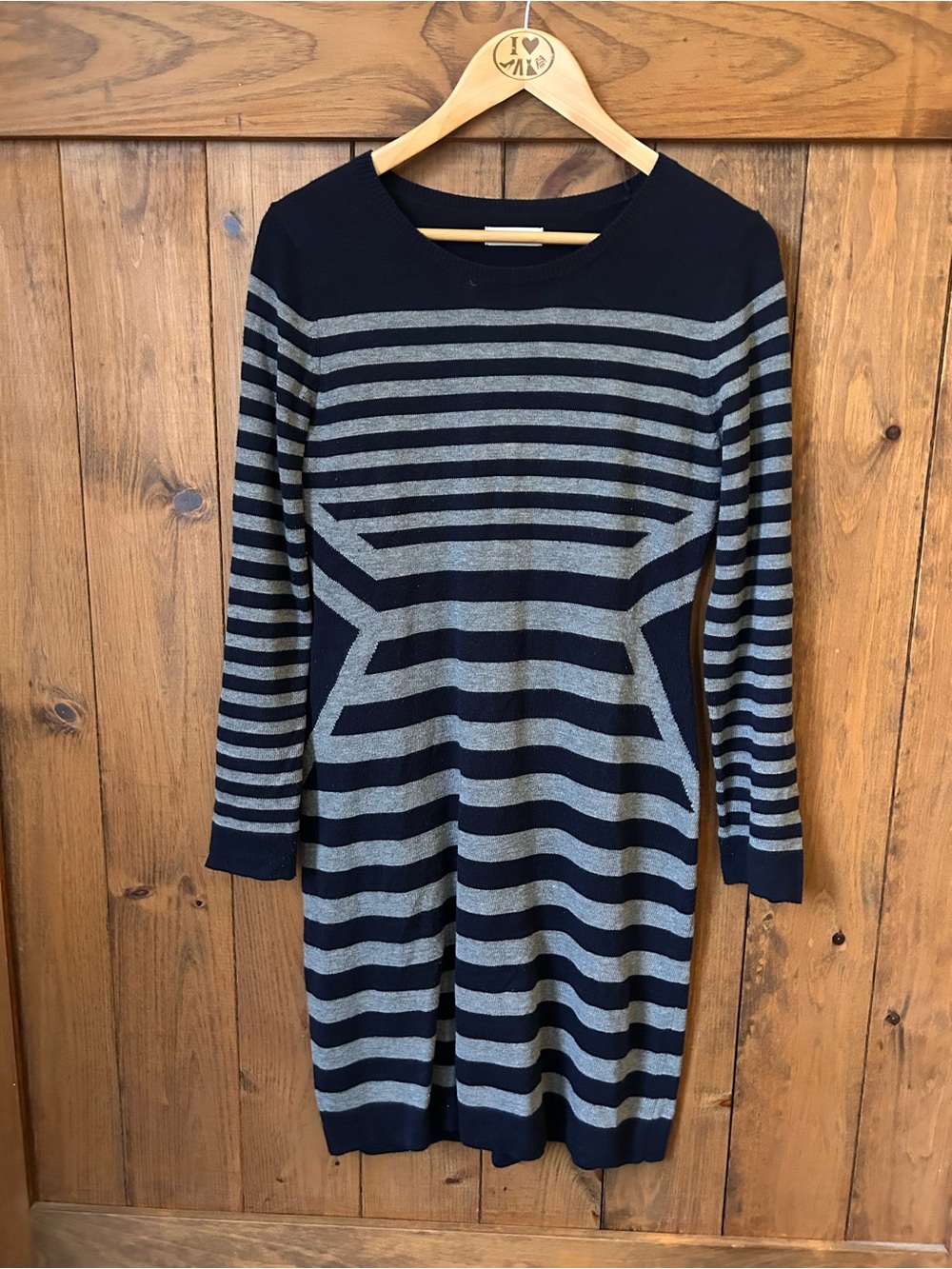 Calvin Klein Navy and Gray Striped Long Sleeve Dress